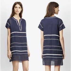 Vince Womens 2 Navy 100% Ramie Lace Inset Lined Popover Split V Neck Dress